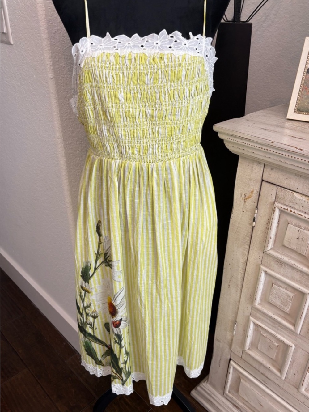 ANTHROPOLOGIE Yellow Striped Floral Sundress with Lace Trim